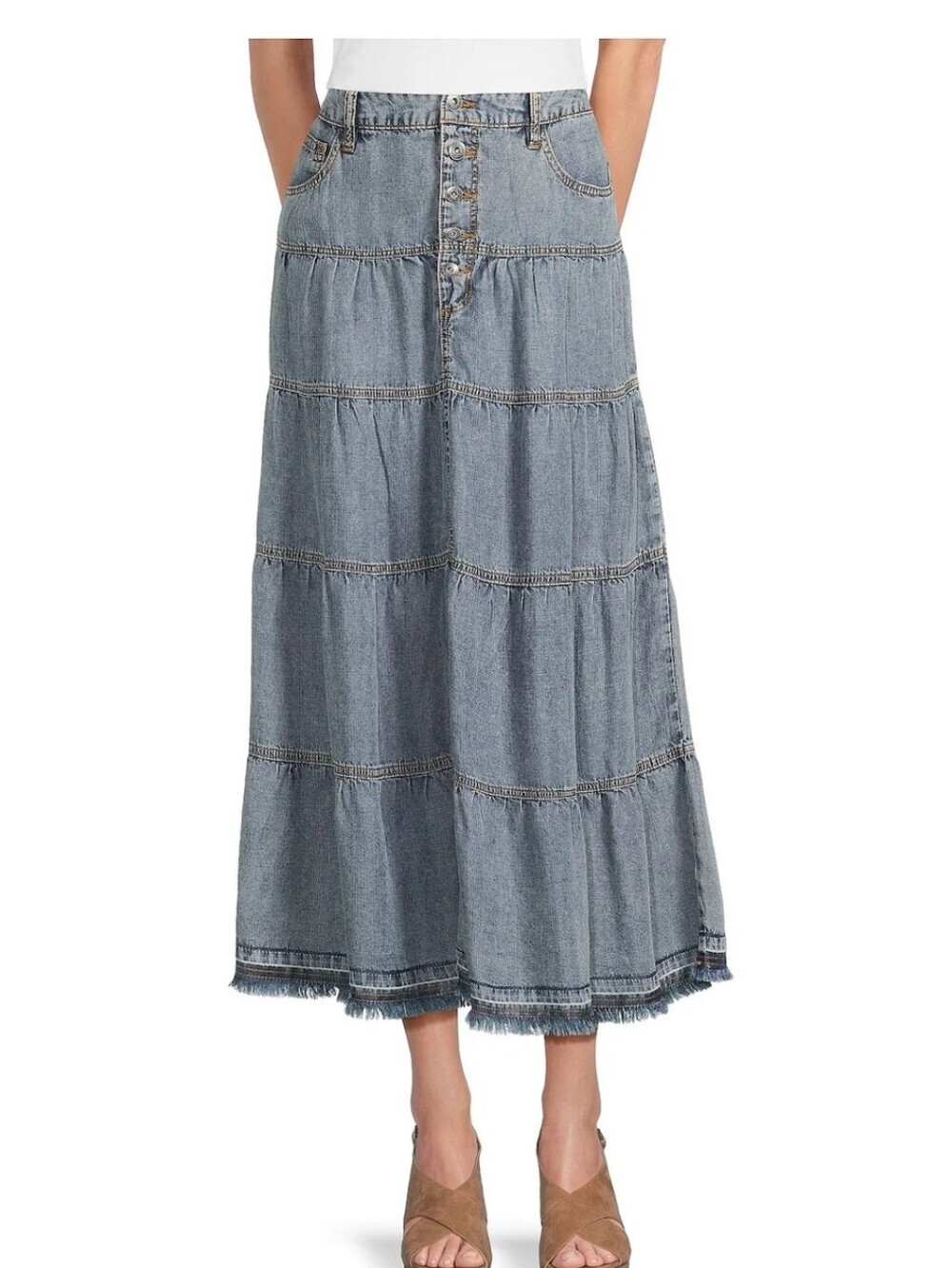 NWT John Mark Light Blue Tiered Denim Maxi Skirt